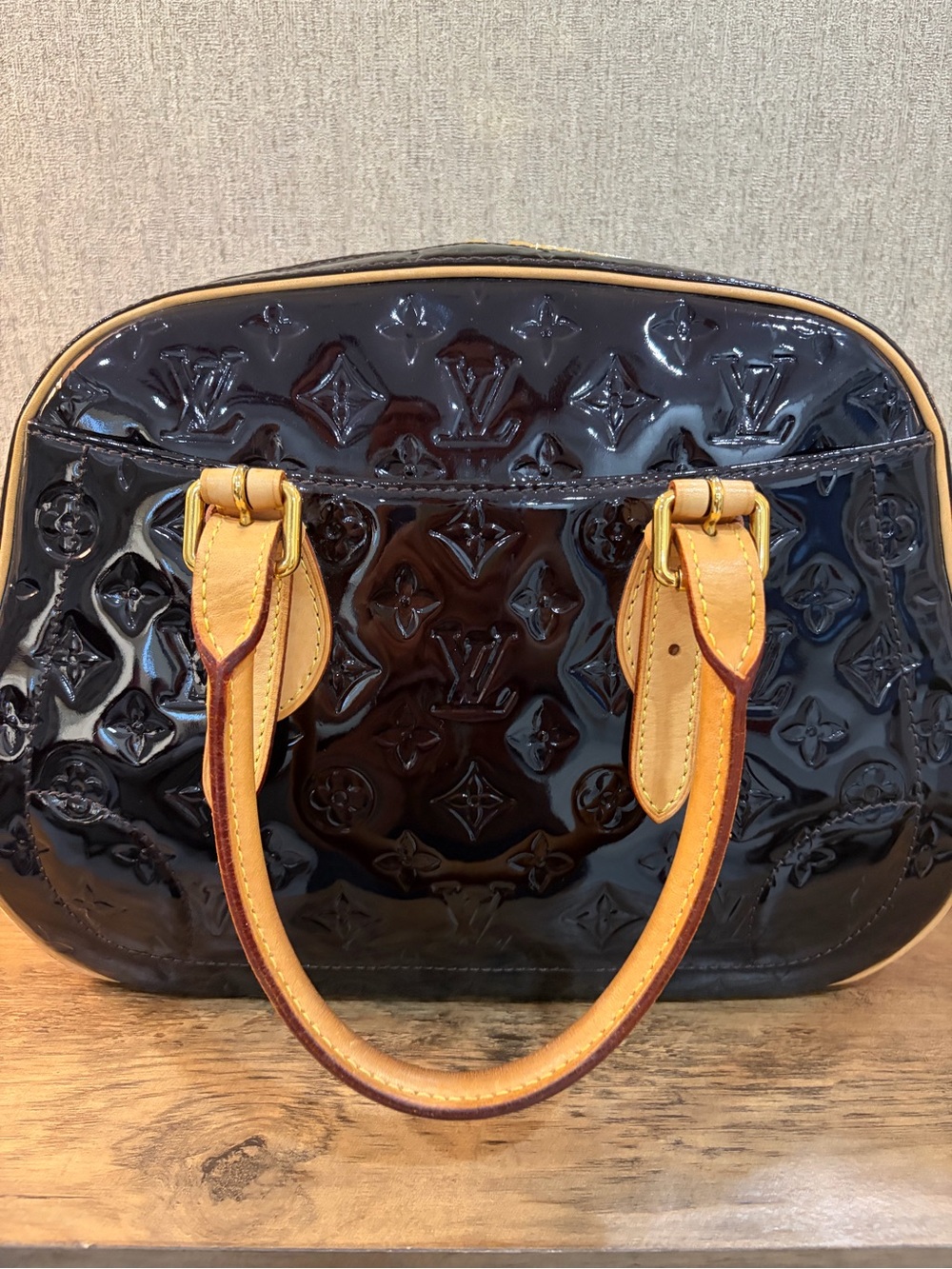 Vintage Louis Vuitton deep dark Eggplant Satchel with Natural Leather handles
